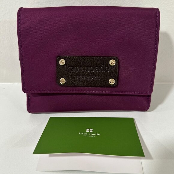 NWOT Kate Spade Wallet Purple Nylon with Brown Leather & Polkadot Interior - Picture 8 of 14